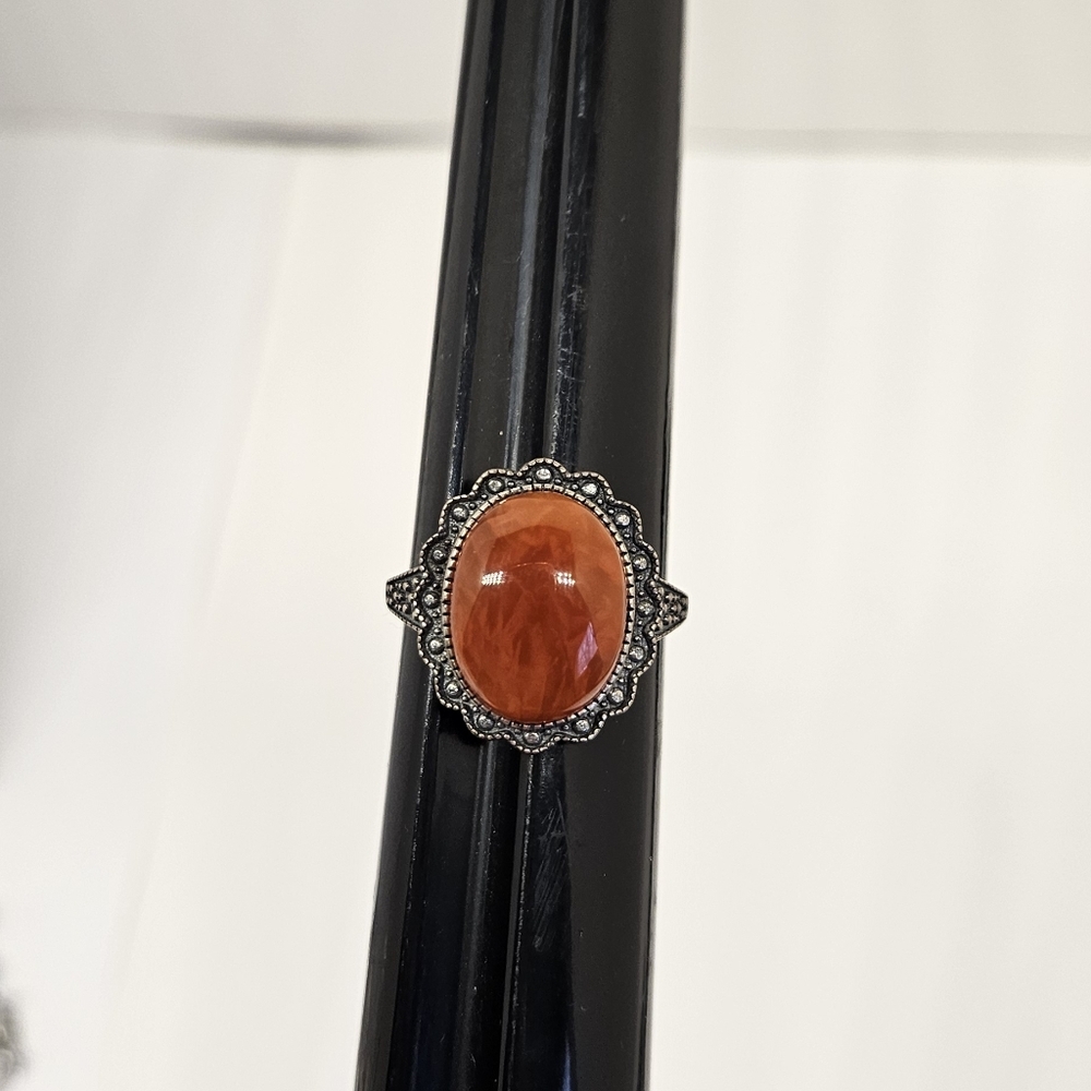 Carnelian Marcasite Halo Sterling Silver 925 Ring Size 8.75 8 3/4 Genuine Stone